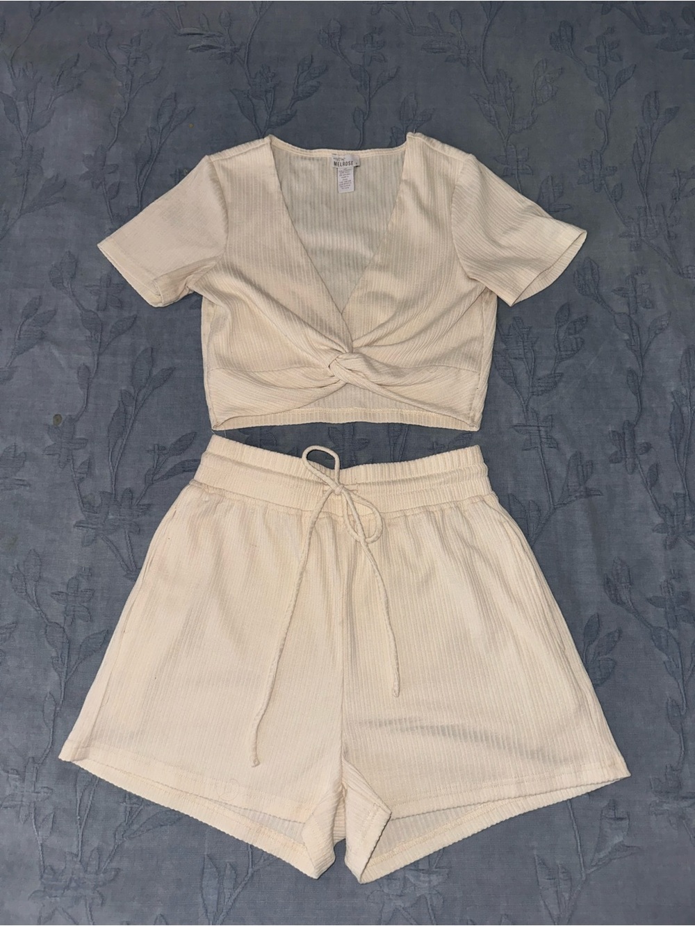 Ribbed Cream Knot-Front Crop Top & Drawstring Shorts Set